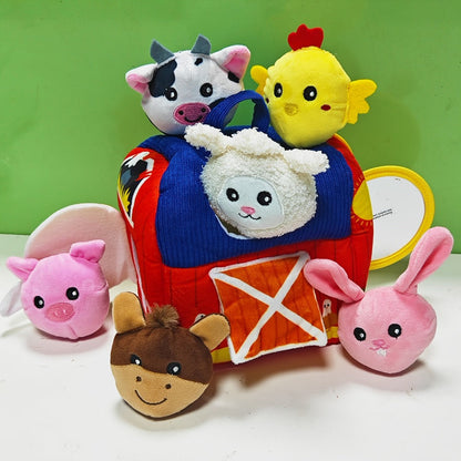 Farm Playset Baby Toy with 6 Plush Animals, Barn, Rattle, Crinkle & Mirror, Portable Sensory Learning Toy for Babies & Toddlers