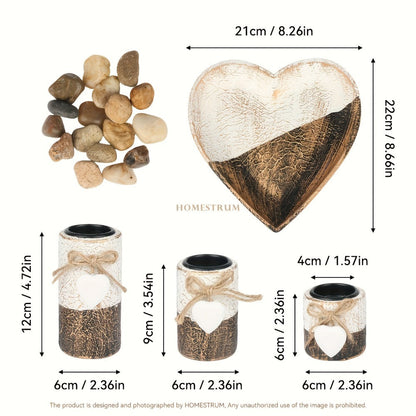 Wooden Candle Holder Set of 4, Love Heart Tray, Tea Light Holder, Knot Bow Decoration & Decorative Stone Bowl for Home Decor