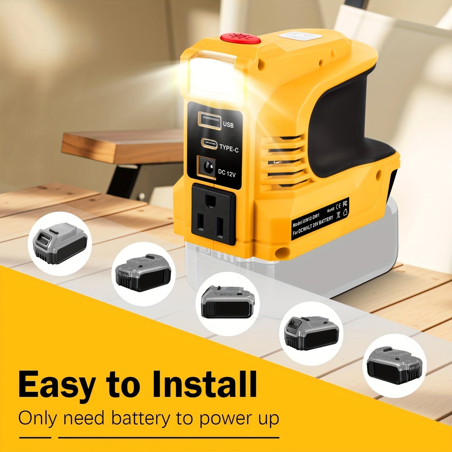 180W Power Inverter Adapter for DeWalt-Style 20V Battery Interface with AC, USB-A, USB-C and LED Light