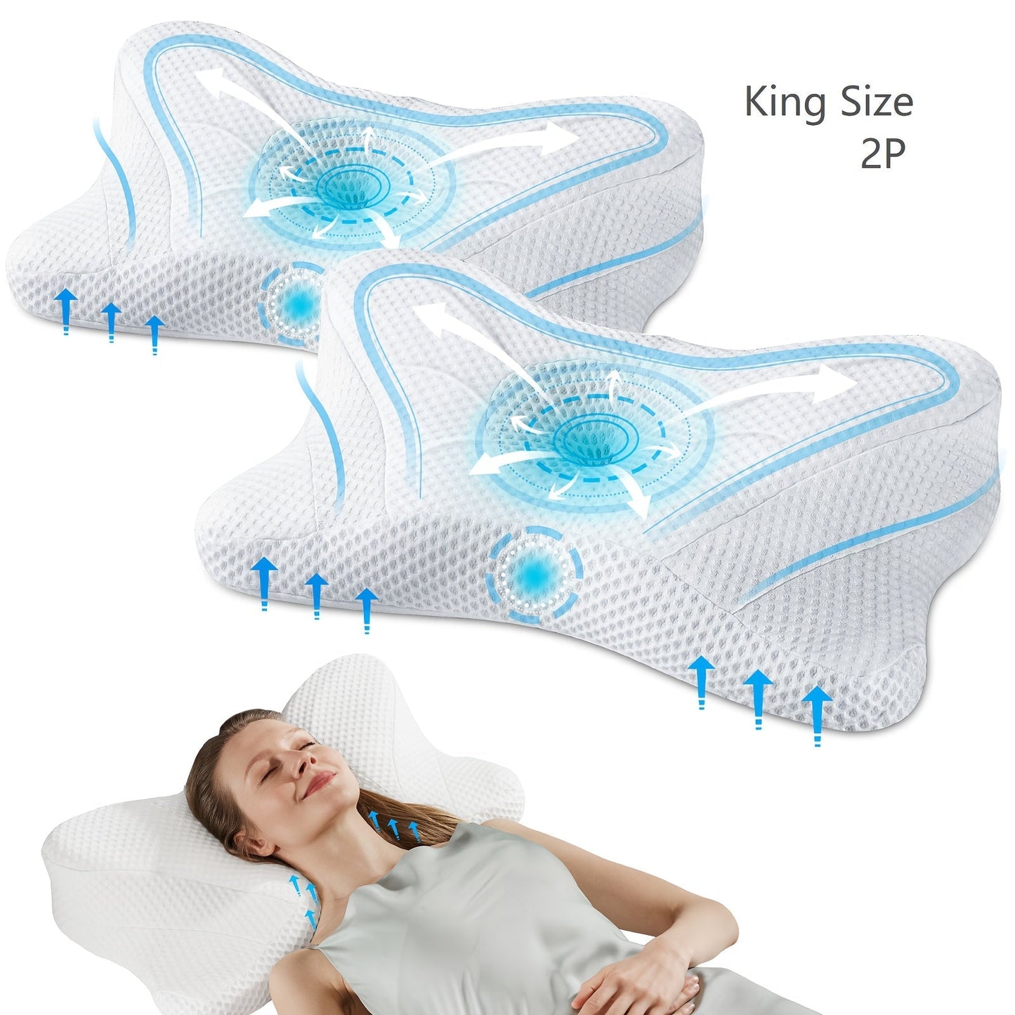 Memory Foam Cervical Pillow Contour Neck Support Orthopedic Bed Pillow for Side Back Stomach Sleepers with Cooling Pillowcase Queen King