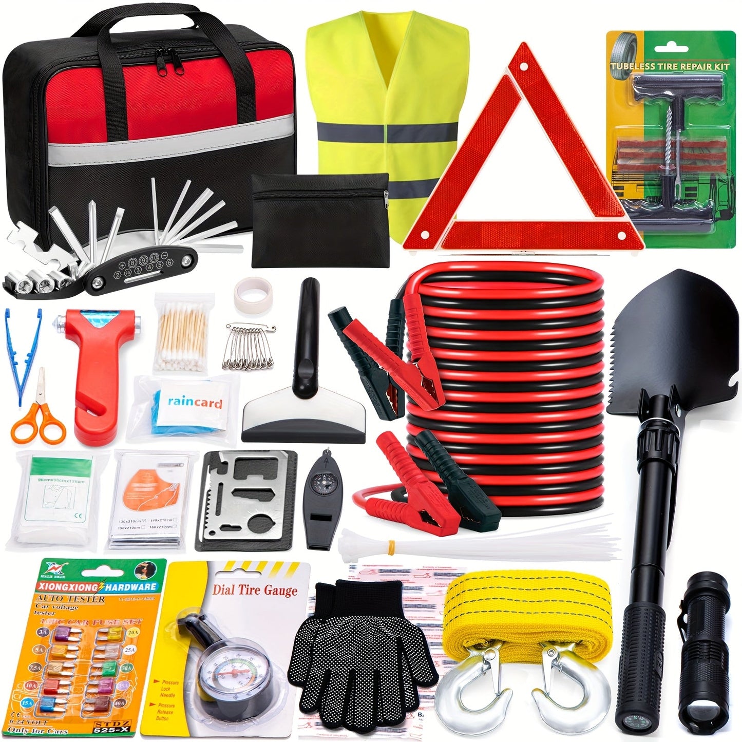 Car Roadside Emergency Kit with Jumper Cables, Towing Rope & Multifunctional Shovel – Complete Vehicle Safety Kit for Cars, Trucks & SUVs
