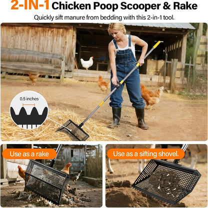 Cat Litter Scooper 2-in-1 Heavy Duty Rake with Adjustable 26–76" Stainless Steel Handle, Shatterproof Sand Sifting Shovel for Litter Box