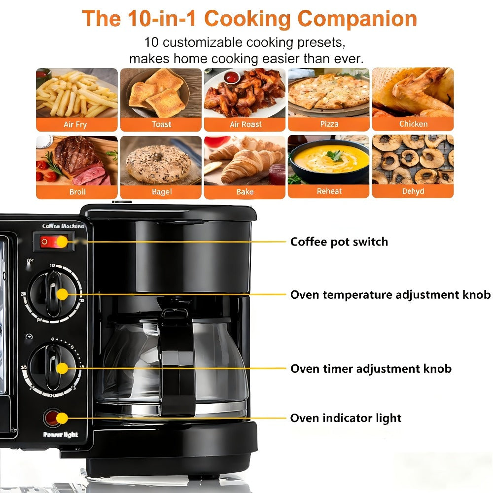3-in-1 Breakfast Maker Station, Fry Eggs, Toast Bread & Brew Coffee All at Once, Non-Stick Coating