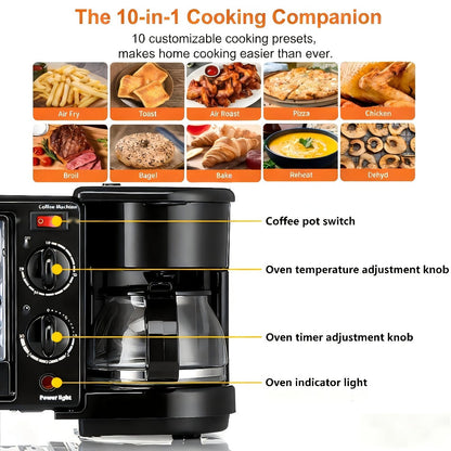 3-in-1 Breakfast Maker Station, Fry Eggs, Toast Bread & Brew Coffee All at Once, Non-Stick Coating