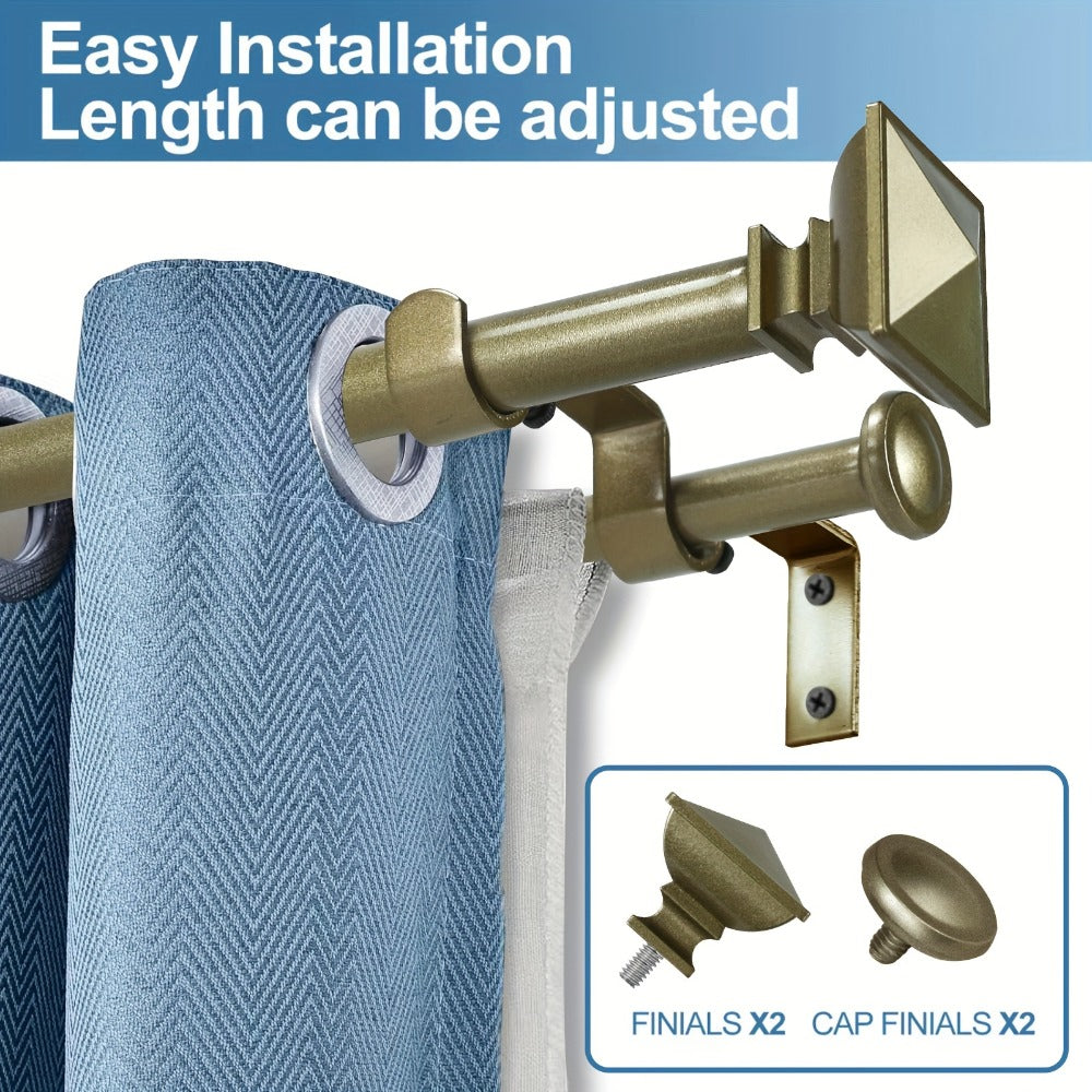 Double Curtain Rod Set with Square Urn Finials, Dual Brackets and Five Finish Options for Layered Panels