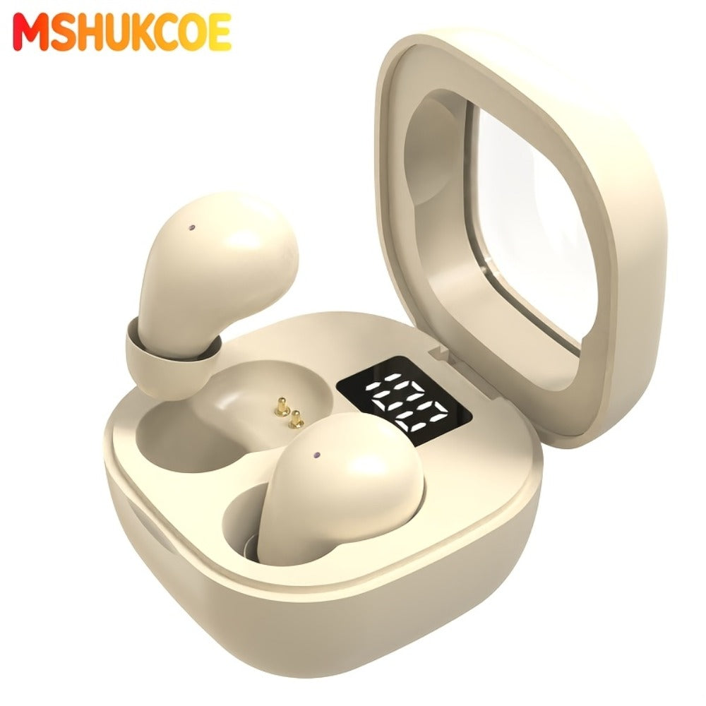 Wireless Earbuds MSHUKCOE Ultra-Thin Sleep and Game Modes with Compact Case in Khaki or White