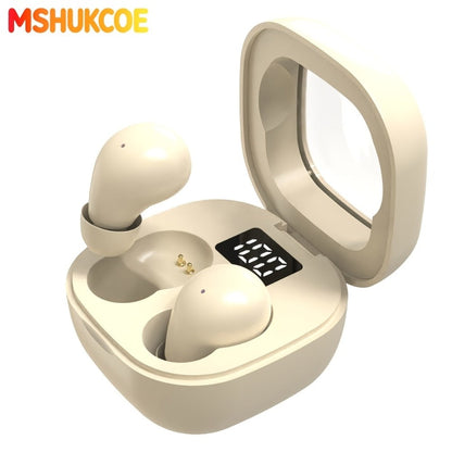 Wireless Earbuds MSHUKCOE Ultra-Thin Sleep and Game Modes with Compact Case in Khaki or White