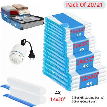 Vacuum Storage Bags with Air Pump, 20-21 Pack Reusable Compression Bags for Clothes, Quilts & Blankets