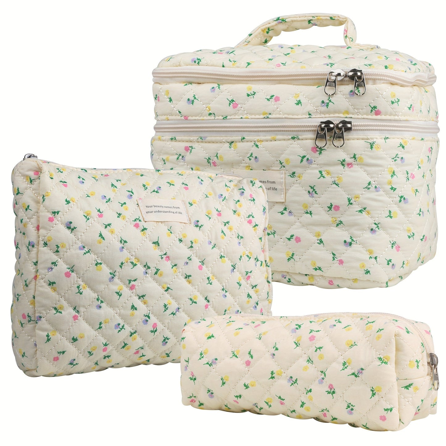Makeup Bag Three-Piece Quilted Cotton Dual-Layer Floral Pouch Set for Travel, Vanity and Everyday Beauty Storage
