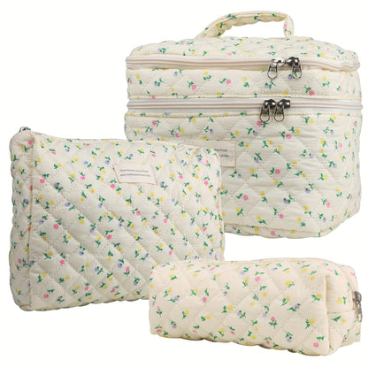 Makeup Bag Three-Piece Quilted Cotton Dual-Layer Floral Pouch Set for Travel, Vanity and Everyday Beauty Storage