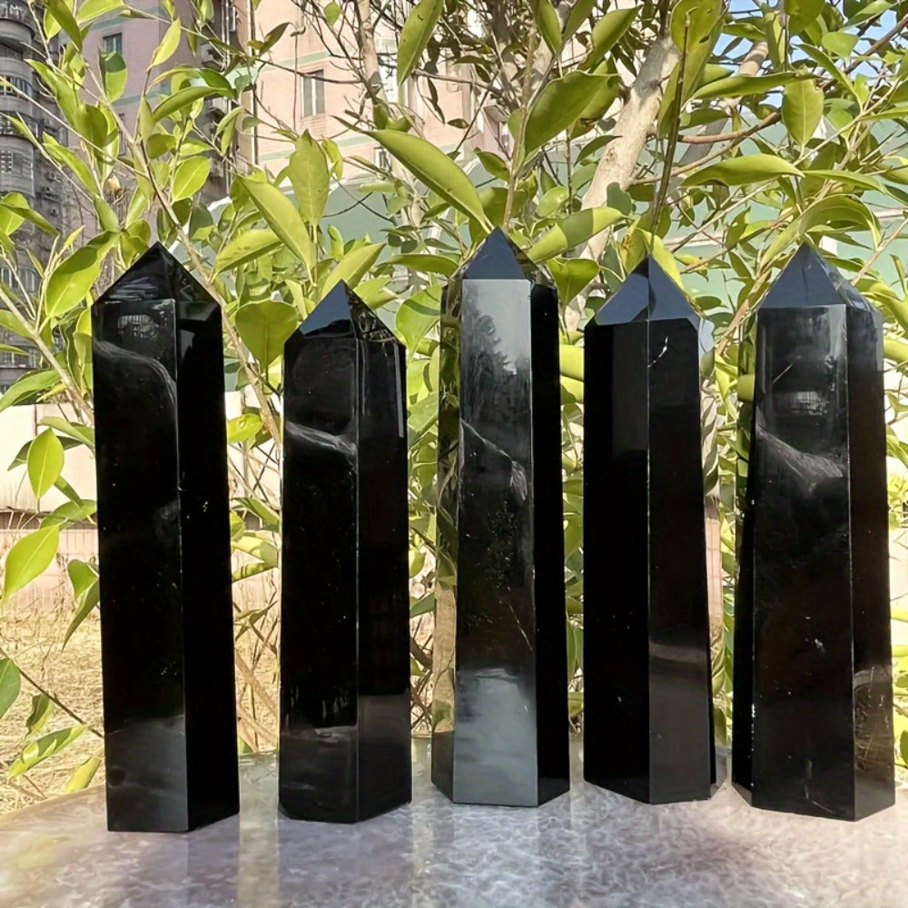 Black Obsidian Crystal Tower Natural Hexagonal Pillar Obelisk Generator for Home Decor Meditation Healing Crystal Feng Shui Office Holiday