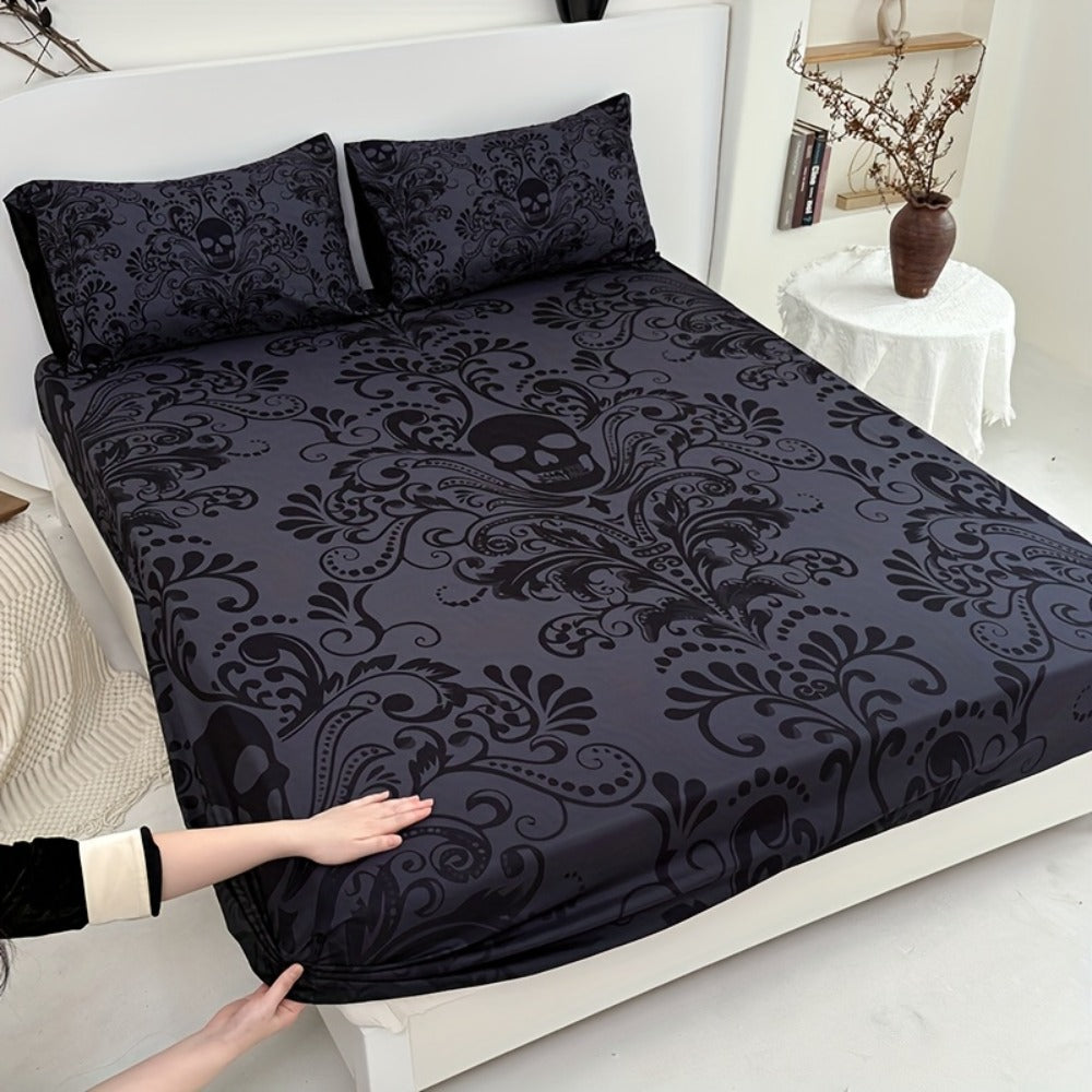 Gothic Skull Fitted Sheet Set 3-Piece, Victorian Baroque Halloween Bedding, 1 Deep Pocket Fitted Sheet + 2 Pillowcases