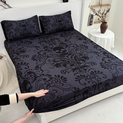 Gothic Skull Fitted Sheet Set 3-Piece, Victorian Baroque Halloween Bedding, 1 Deep Pocket Fitted Sheet + 2 Pillowcases
