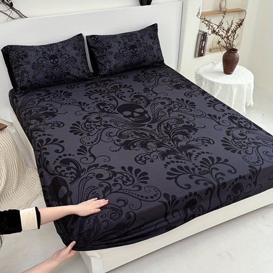 Gothic Skull Fitted Sheet Set 3-Piece, Victorian Baroque Halloween Bedding, 1 Deep Pocket Fitted Sheet + 2 Pillowcases
