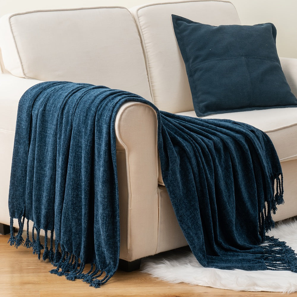 Chenille Fringe Throw Blanket, 180-200gsm Velvety Decorative Throw for Sofa & Couch, Home Decor, 50”×60”