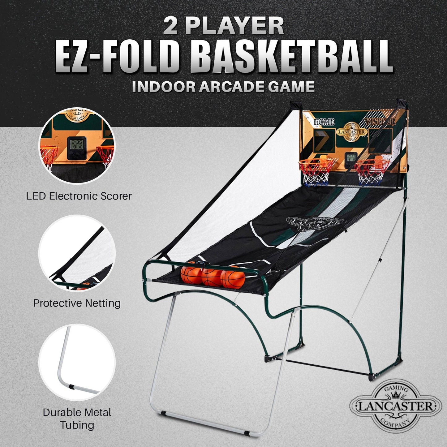 2 Player Indoor Basketball Arcade Game EZ Fold – Dual Hoop Shot Challenge with LED Scoring, 8 Game Modes, 3 Basketballs & Air Pump