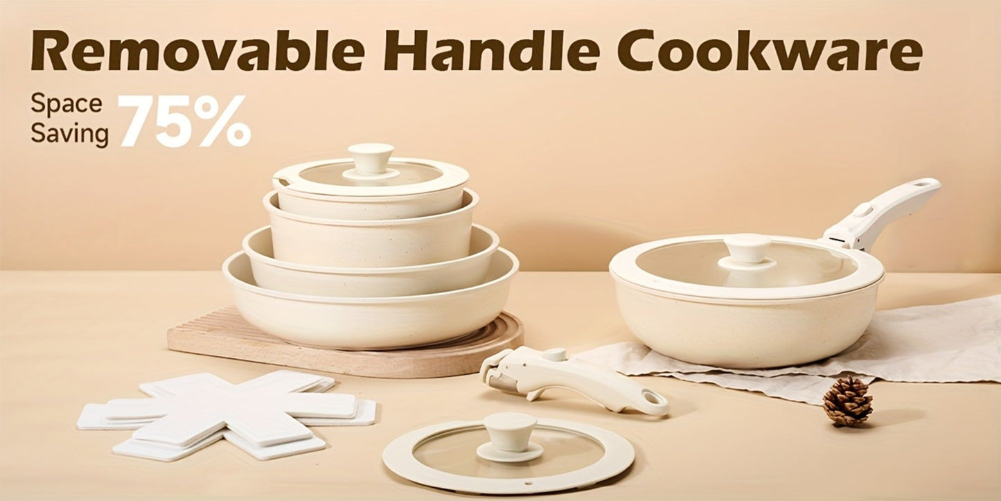 Cookware Set A Dinnerware 16- or 26-Piece Detachable-Handle Pots and Pans in Black or Beige for Compact Storage