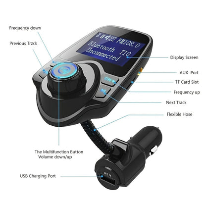 Flexible-Neck Car FM Transmitter with 1.44-Inch Display, Dual USB Ports, AUX Jack and Rotary Control