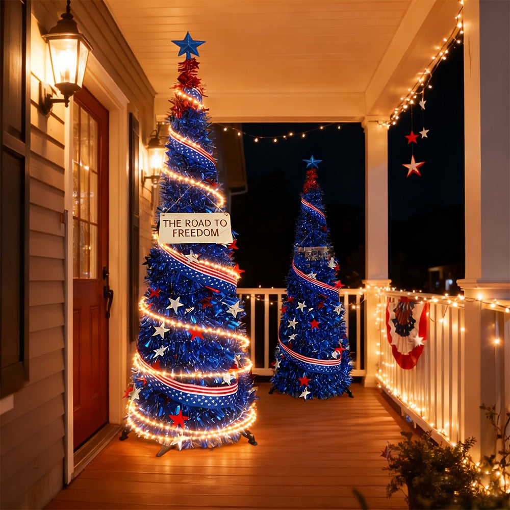 4th of July Decorative Tree 5ft LED Light, Foldable Patriotic Stars & Stripes Blue Christmas Tree with Red White Blue LED String Lights