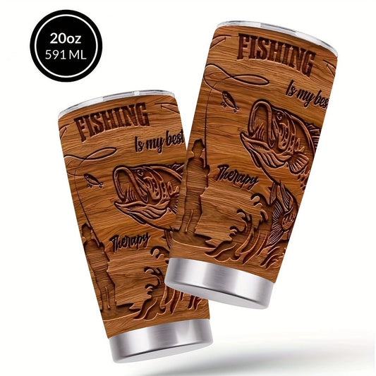 20oz Brown Fisherman-Graphic Tumbler with Clear Lid, Metal Straw and 7.2 x 17.5 cm Pictured Size
