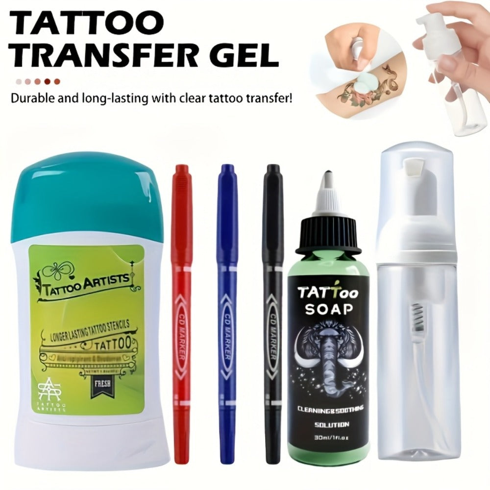 Tattoo Transfer Kit Complete Set with Ink Gel Green Soap Solution & Stencil Markers for Temporary Body Art, Festivals and Costumes