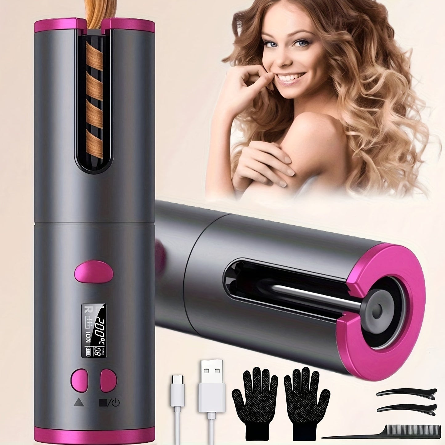 USB-Rechargeable Automatic Curling Chamber with Six Heat Settings, LCD Timer and Four Color Options