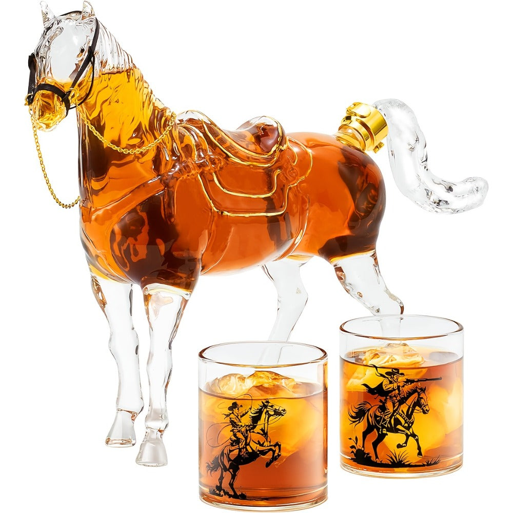 Horse Whiskey Decanter Set with Clear 67 oz Horse-Shaped Bottle and Two 9.8 oz Cowboy Glasses for a Western Bar Display