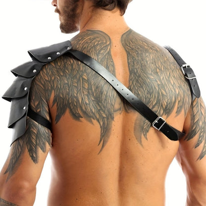 PU Leather Shoulder Armor Warrior Costume Prop with Belt for Men, Single Pauldron Medieval Knight Armor Dress Up Accessory for Halloween
