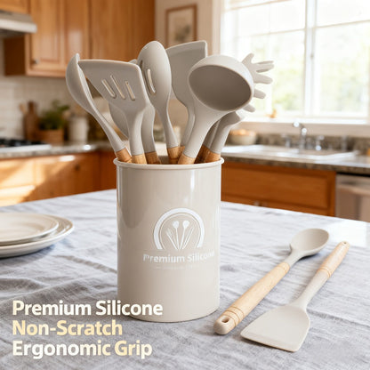 Silicone Kitchen Utensil Set 12PCS with Wooden Handle – Heat Resistant Non-Stick Safe for Home Cooking, Dining and Outdoor Meals