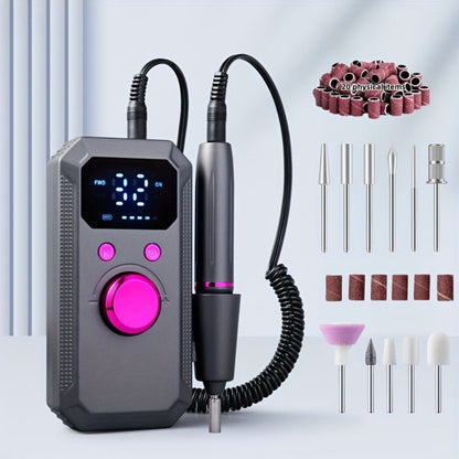 Electric Nail Drill Rechargeable Kit with Display, 11 Grinding Heads, 20 Sanding Rings and Three Colors