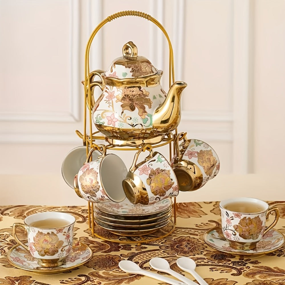 20-Piece Floral Ceramic Tea Set with Saucers & Metal Stand, European Afternoon Tea Service, Blooming Design