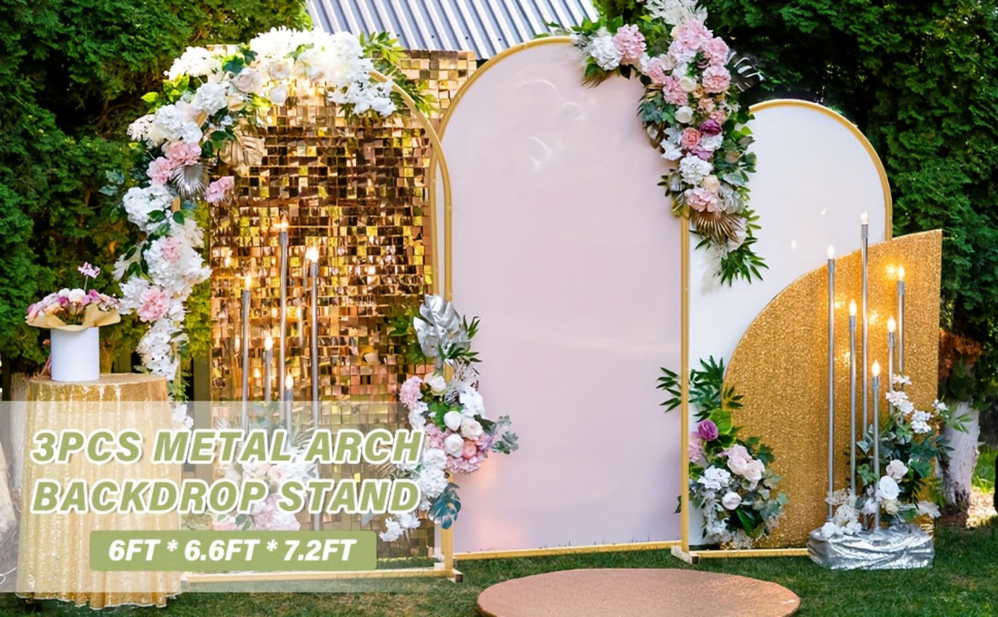 3-Pack Golden Metal Photo Backdrop Arch Set (7.2/6.6/6ft), Wedding Ceremony Party Frame for Birthday