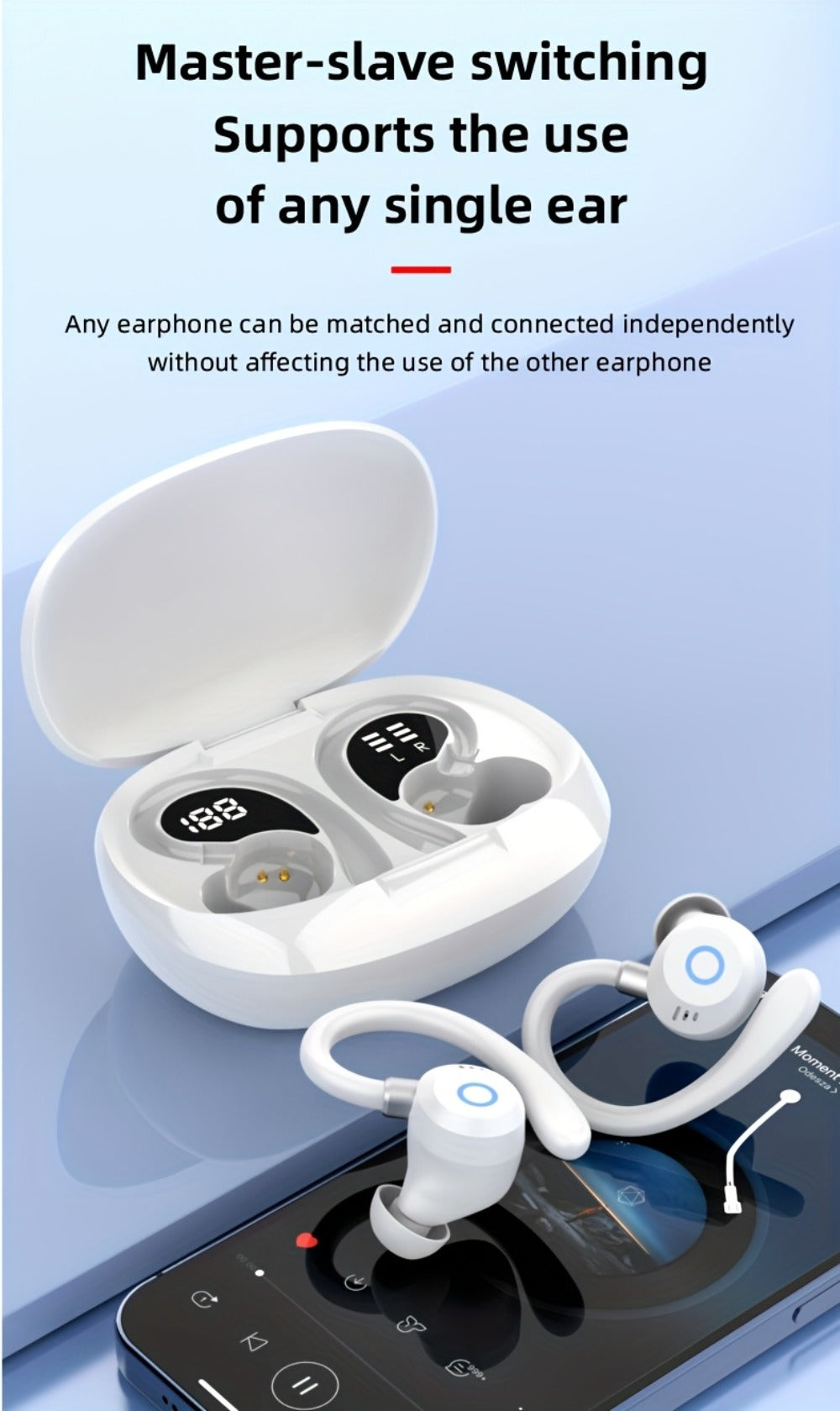 Wireless Earbuds Stereo In-Ear with LED Display Case, Touch Controls and Black, Blue or White Options