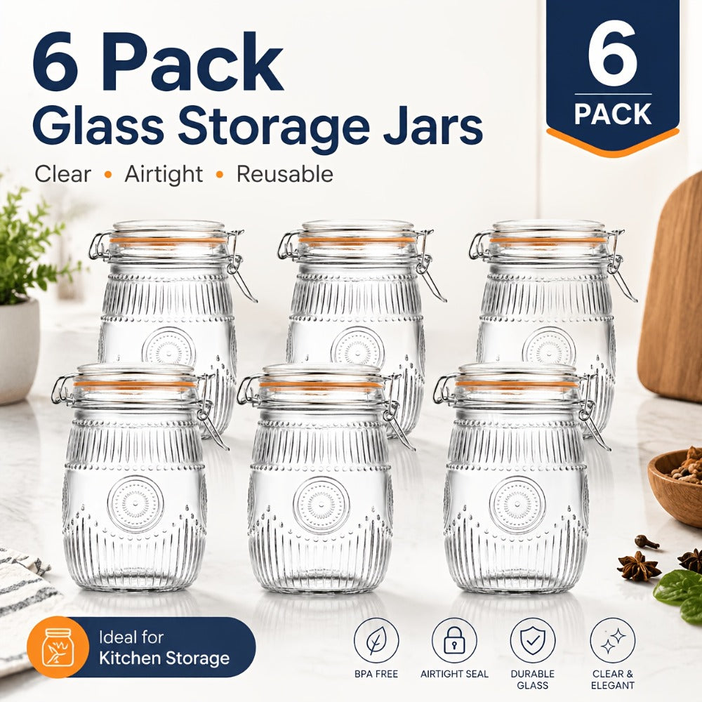 Mason Jars 6-Pack, 32 oz Wide-Mouth Glass Canisters with Hinged Lids and Sunflower Pattern for Coffee, Sugar, Beans and Spices