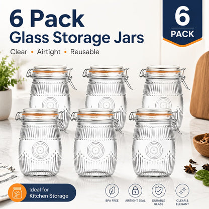 Mason Jars 6-Pack, 32 oz Wide-Mouth Glass Canisters with Hinged Lids and Sunflower Pattern for Coffee, Sugar, Beans and Spices