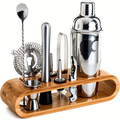 Bartender Set 10-Piece Stainless Steel Cocktail Shaker Bar Tool Kit with Bamboo Stand Home for Entryways, Bedrooms and Living Spaces