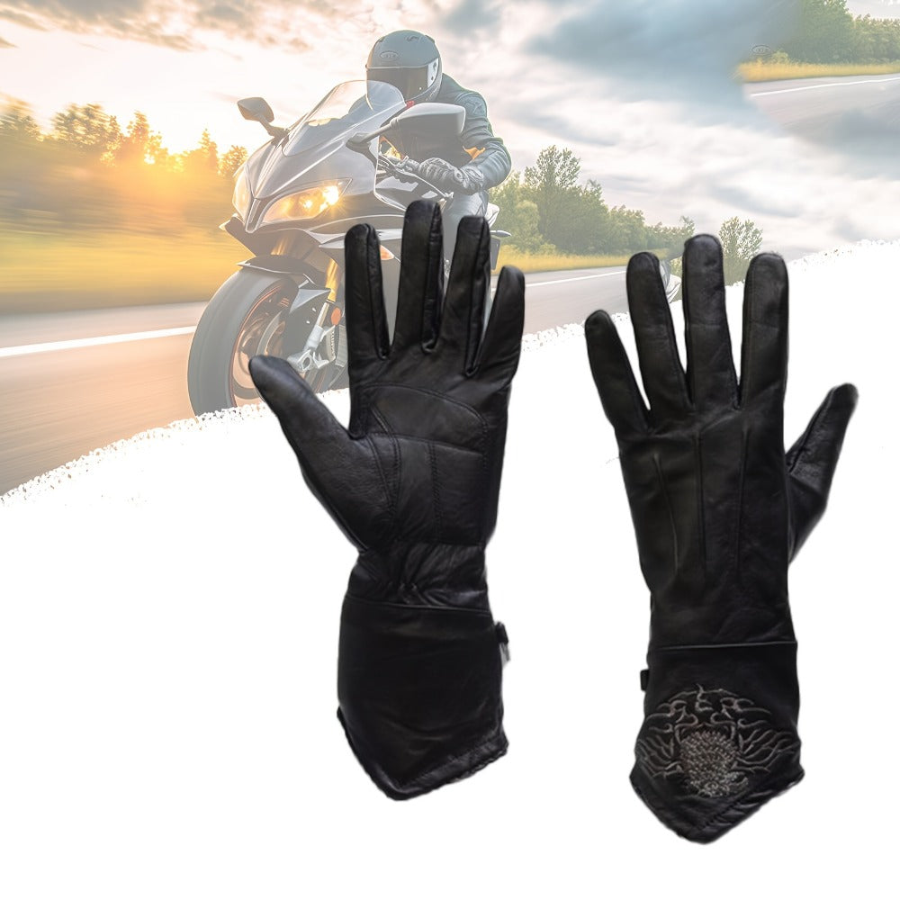 Black Full-Finger Motorcycle Gloves with Long Gauntlet Cuffs, Stitched Eagle Motif and Five Sizes