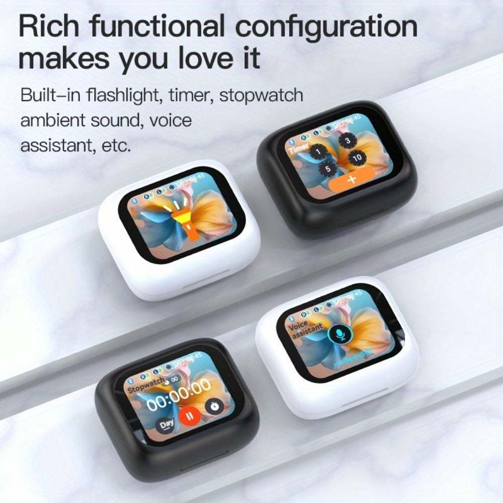 Touchscreen ANC Wireless Earbuds Full-Color Display, Noise Cancelling In-Ear with Charging Case for Sports Gaming Business