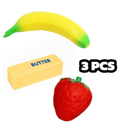 Squishy Food Toy Set 3pcs Slow Rising PU, Pretend Play Simulation Food Butter Banana Strawberry, Sensory Squeeze Stress Toy
