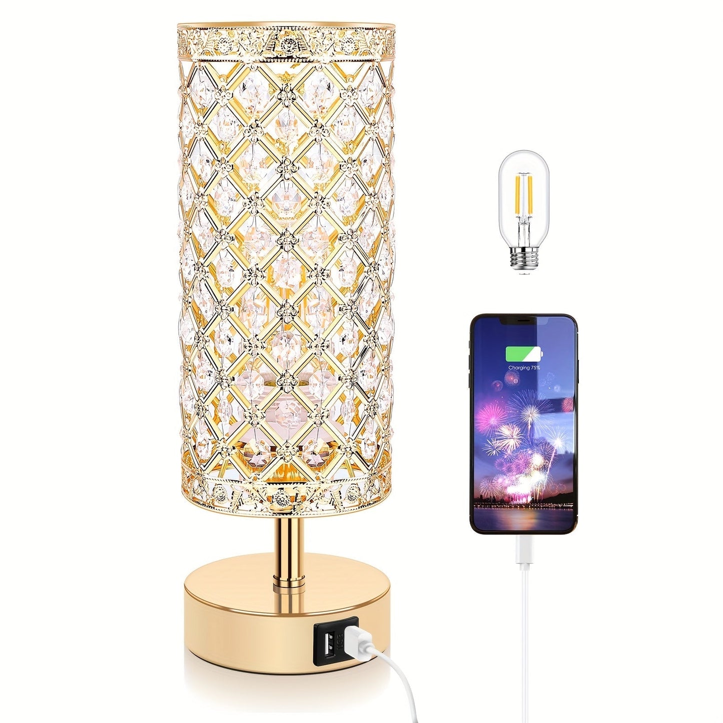 Crystal Cylinder Bedside Table Lamp with Dual USB Ports in Three Finishes and One- or Two-Pack Options