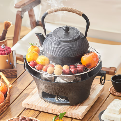 10.25-Inch Round Charcoal Grill with Cast-Iron-Labeled Body, Removable Cooking Grid and Wood Base