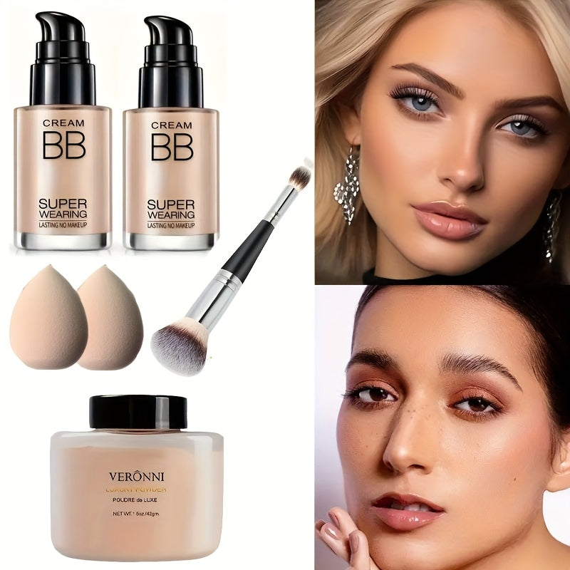 BB Cream Setting Powder Set 2 Pcs with Tools Concealer Oil Free Matte Face Makeup for Women, for Makeup, Travel and Everyday Vanity Use