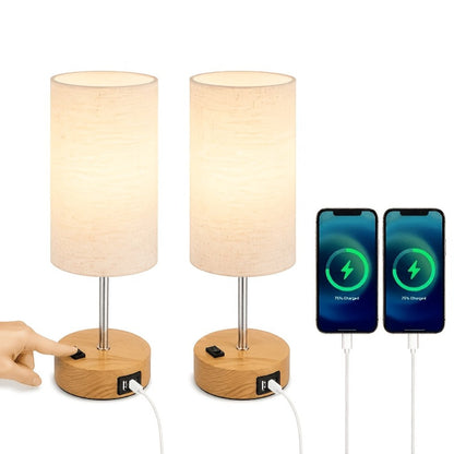 Table Lamp HOODINK with Cylindrical Shade, 3-Way Touch Dimming, USB-A, USB-C, AC Outlet and One or Two-Pack Options