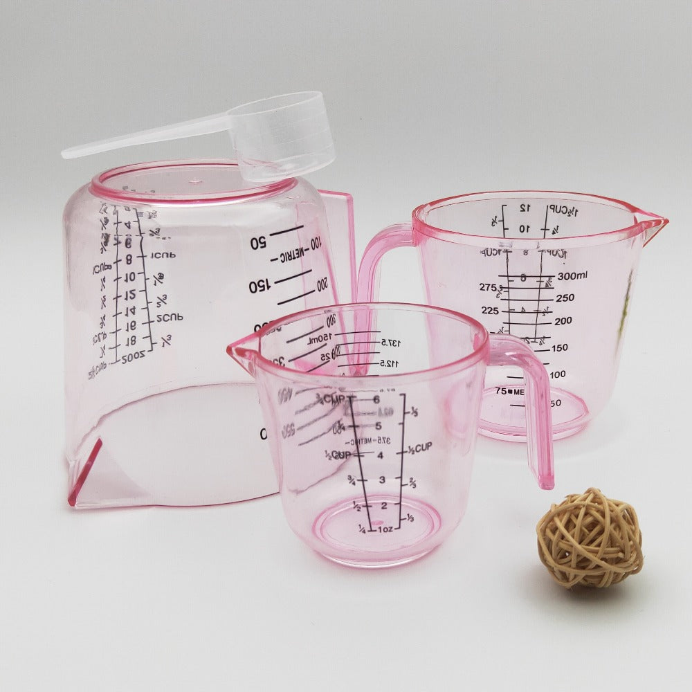 Measuring Cups and Spoon Set 4pcs – Pink Transparent Baking Measuring Cup Kit with ML OZ Cup Markings, PS Material