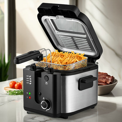 1500W Black Deep Fryer with 1.5L or 2.5L Capacity, Windowed Removable Lid and Temperature Dial