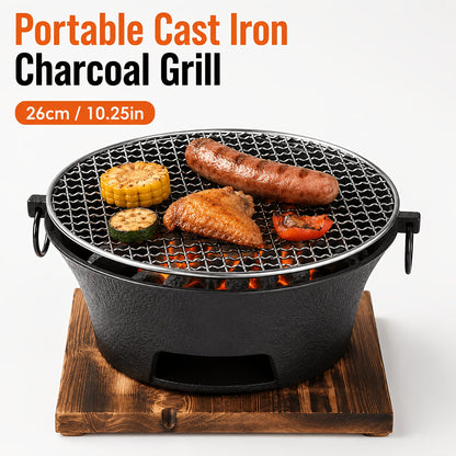 10.25-Inch Round Charcoal Grill with Cast-Iron-Labeled Body, Removable Cooking Grid and Wood Base