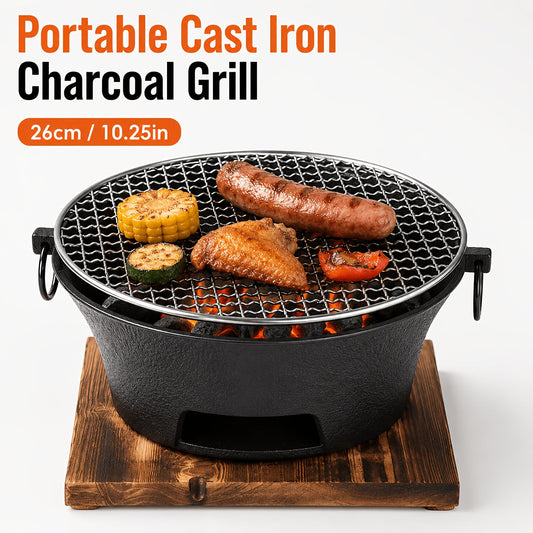 10.25-Inch Round Charcoal Grill with Cast-Iron-Labeled Body, Removable Cooking Grid and Wood Base