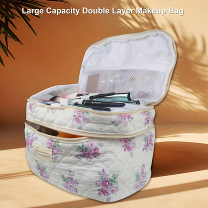 Makeup Bag Three-Piece Quilted Cotton Dual-Layer Floral Pouch Set for Travel, Vanity and Everyday Beauty Storage