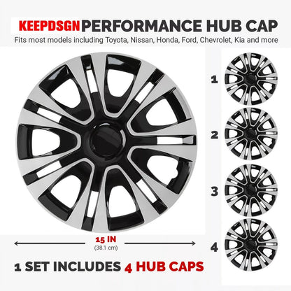 Hubcaps 4pcs Set – 15 Inch & 16 Inch Full Cover Wheel Hub Covers, Snap-On Easy Install, Universal Fit Steel Wheels for Sedan, SUV