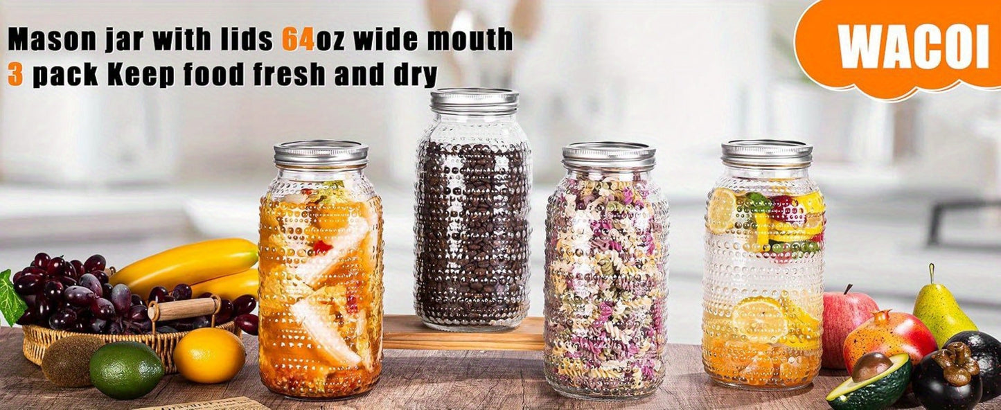 Mason Jars 64oz Wide Mouth with Lids 3 Pack Large Glass Canning Jars Airtight for Food for Home Cooking, Dining and Outdoor Meals